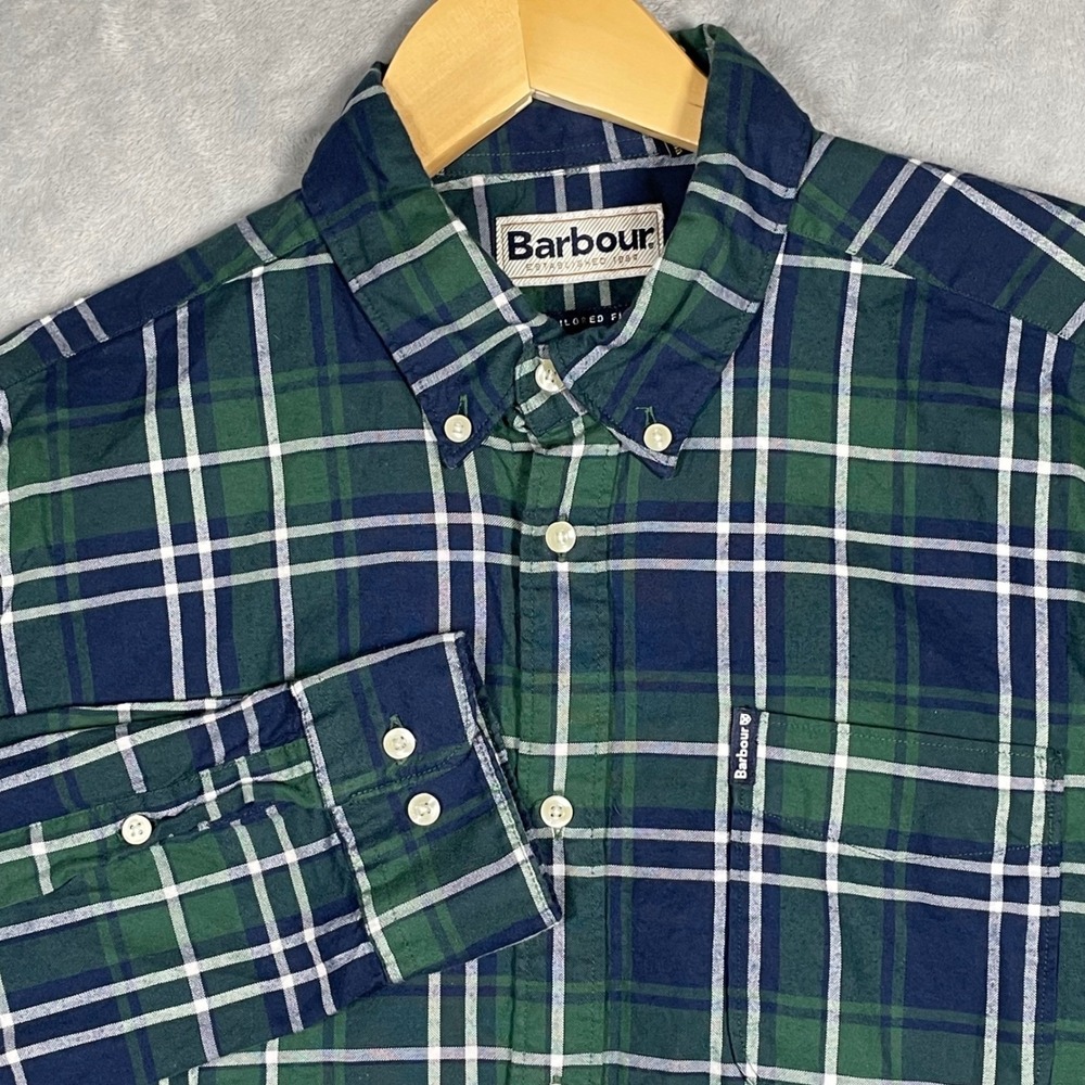 Barbour Mens Tailored Fit Long Sleeve Button Down Shirt Green Navy Plaid Small